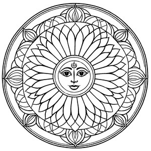 Strahlendes Mandala mit sonnigem Gesicht und harmonischen Mustern Ausmalbild für träumerische Künstler und kreative Entdecker