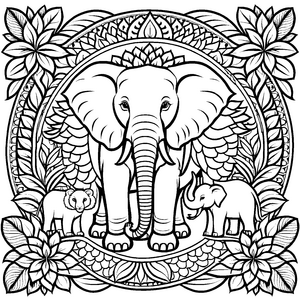 Harmonisches Mandala mit Elefant und zwei Jungen Ausmalbild für kleine Entdecker und fantasievolle Farbgestalter