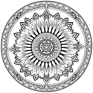 Strahlendes Mandala mit zentralem Sonnensymbol und geschwungenen Linien Ausmalbild für fantasievolle Künstler und kleine Farbzauberer