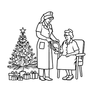 Herzliche Pflege einer älteren Dame am Weihnachtsbaum Ausmalbild für zauberhafte Weihnachtsfreunde