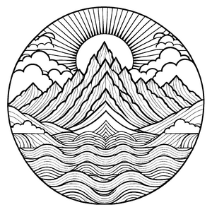 Strahlendes Mandala mit majestätischen Bergen und Sonne Ausmalvorlage für kleine Naturfreunde und fantasievolle Künstler