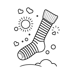 Fliegende Socke über Wolken mit Sonne Ausmalbild für abenteuerlustige Farbzauberer