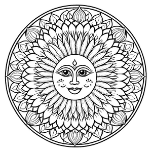 Strahlendes Mandala mit fröhlichem Sonnenlächeln Ausmalvorlage für kleine Farbträume und fantasievolle Künstler
