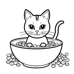 Freche Katze in buntem Müslischüsselchen Ausmalvorlage für künstlerische Entdecker mit großer Neugier