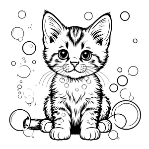 Katzennarr mit großen Augen und sprudelnden Seifenblasen Ausmalbild für kleine Träumer und Abenteuerlustige