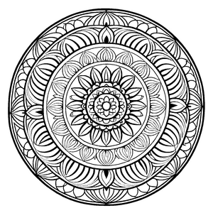 Faszinierendes Mandala mit geometrischen Formen und floralen Akzenten Ausmalvorlage für kreative Entdecker und muntere Farbgestalter