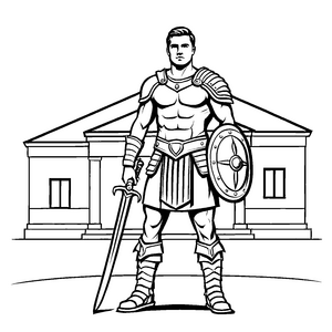 Imposanter Gladiator mit Schwert und Schild Ausmalvorlage für abenteuerlustige kleine Kämpfer