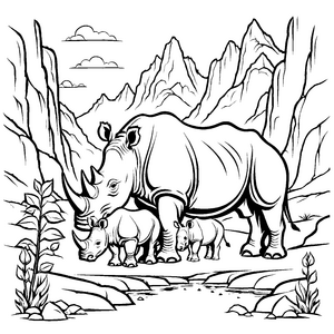 Sanftmütiges Wollnashorn mit zwei Jungen Malvorlage für kleine Tierbeschützer