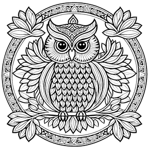 Mystisches Eulen-Mandala mit symbolischen Elementen Ausmalmotiv für geheimnisvolle Farbforscher und junge Künstler