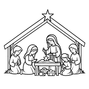 Gruppenausflug mit Maria und einer festlichen Tafel Ausmalbild für neugierige Weihnachtsentdecker