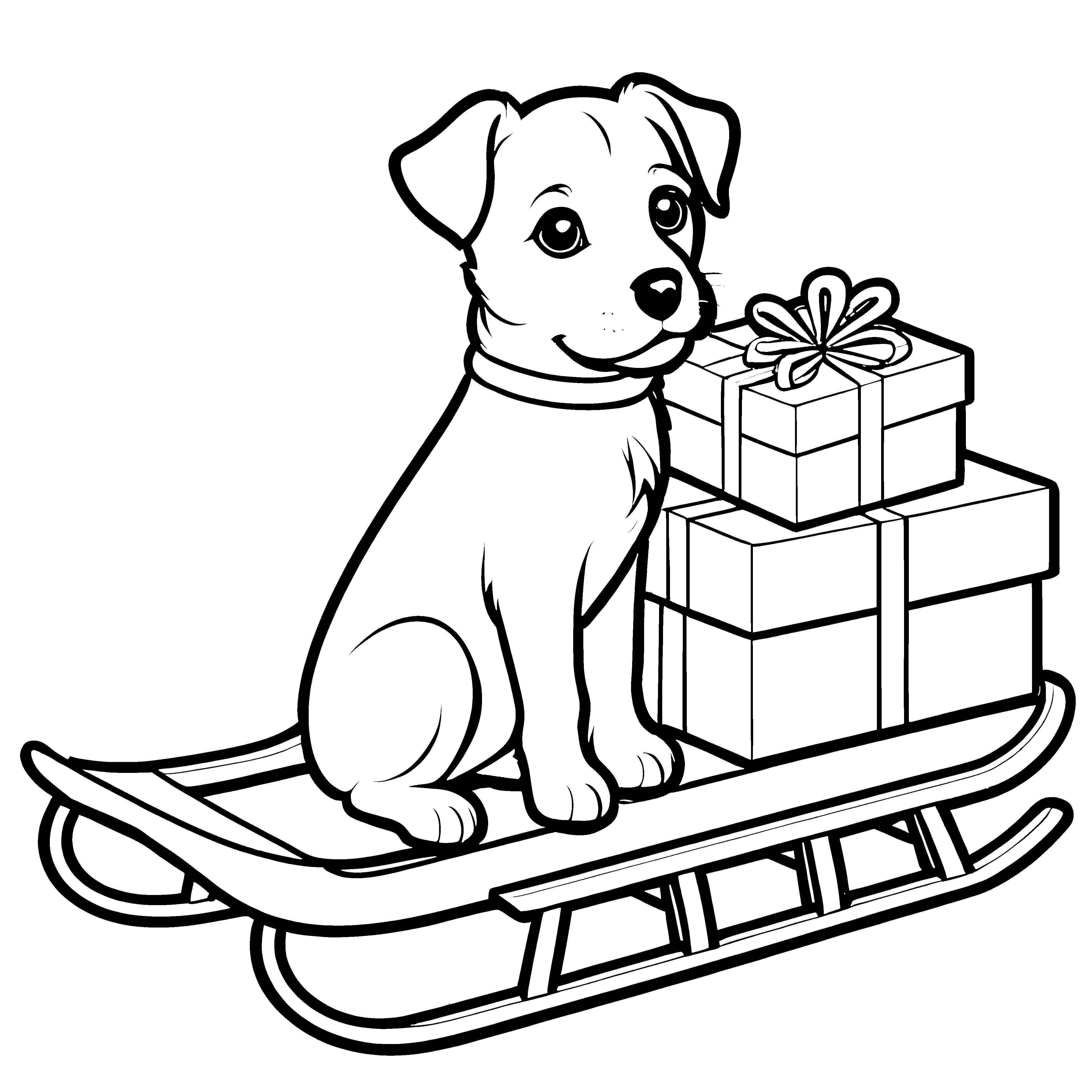 Hündchen auf Schlitten mit bunten Geschenken Malvorlage für fröhliche Weihnachtszauberer