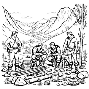 Drei Steinzeitmenschen am Lagerfeuer mit Werkzeugen Ausmalbild für kleine Abenteurer und Entdecker