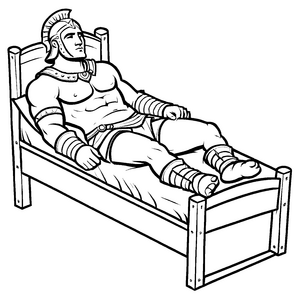 Muskulöser Gladiator auf dem Holzbett Ausmalbild für neugierige Entdecker