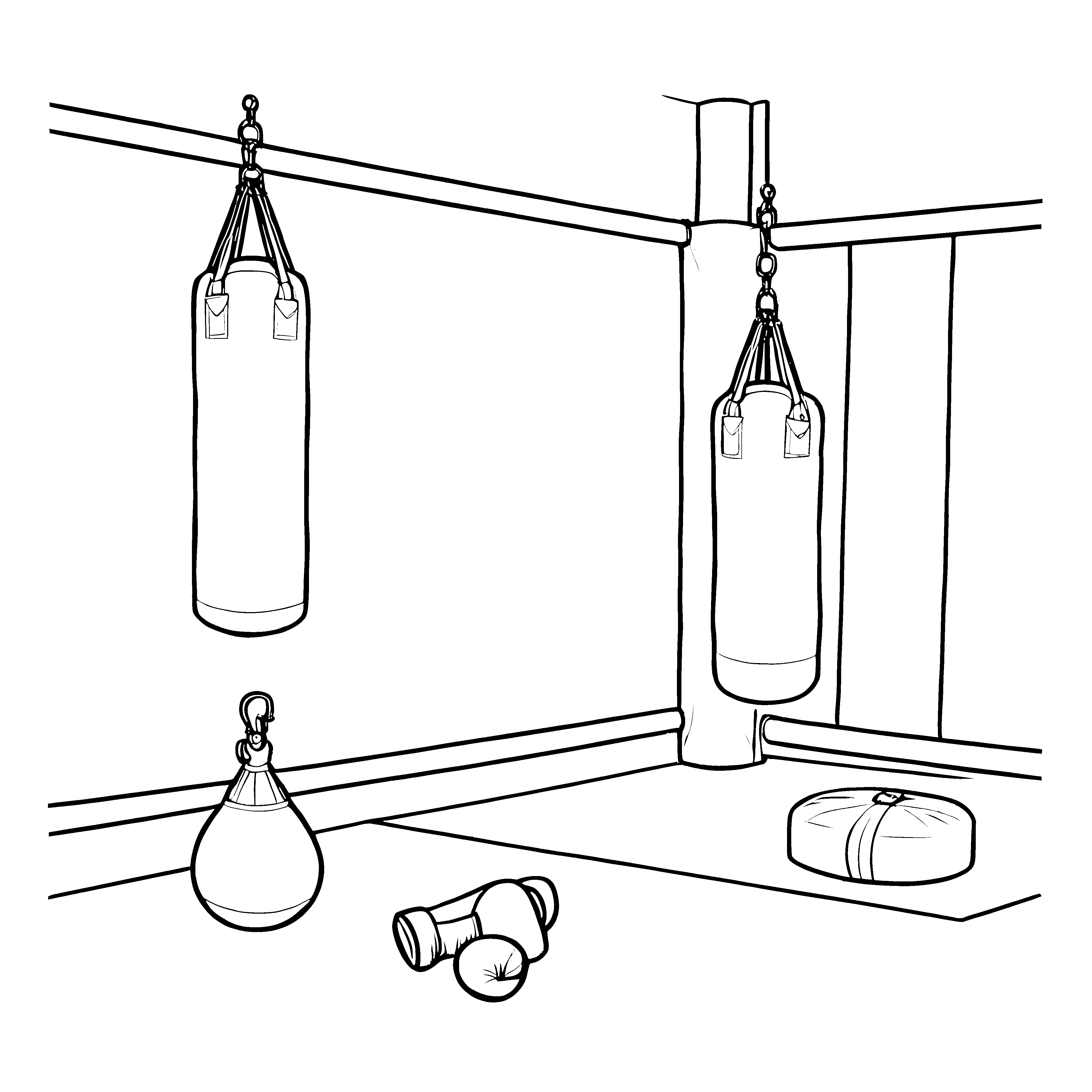 Zwei spannende Boxsäcke im Trainingsraum Malbild für kleine Champions