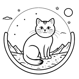 Bezaubernde Katze mit gelbem Schleifchen auf Raumschiff Ausmalmotiv für tapfere Weltraumforscher