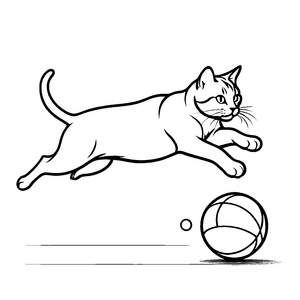 Schnelle schwarz-weiße Katze jagt Aktivitätsball Ausmalbild für neugierige Tierentdecker