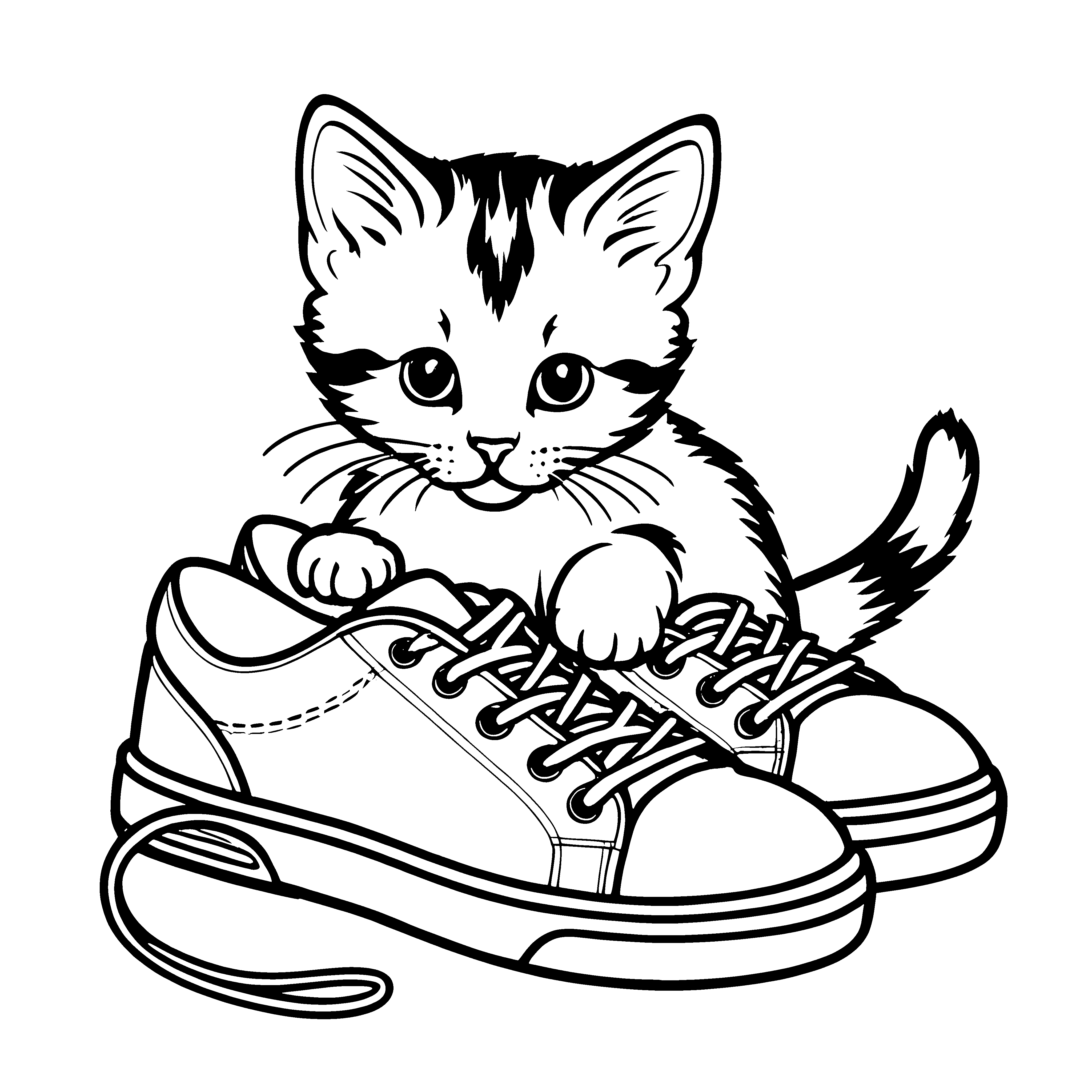 Verspielte Katze neben trendigem Schuh Ausmalbild für neugierige kleine Modefreunde