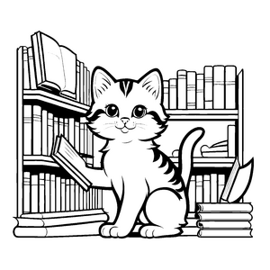 Freche Katze vor prall gefülltem Bücherregal Ausmalvorlage für neugierige Leseratten mit bunten Ideen