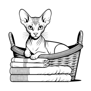 Bezaubernde Sphynx Katze im Bücherkorb Ausmalbild für wissbegierige kleine Leseratten