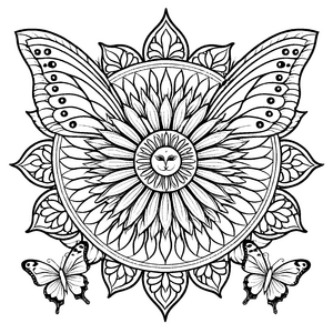 Bezauberndes Mandala mit Sonnenblumemotiv und filigranen Schmetterlingen Ausmalvorlage für neugierige Künstler und fantasievolle Abenteurer