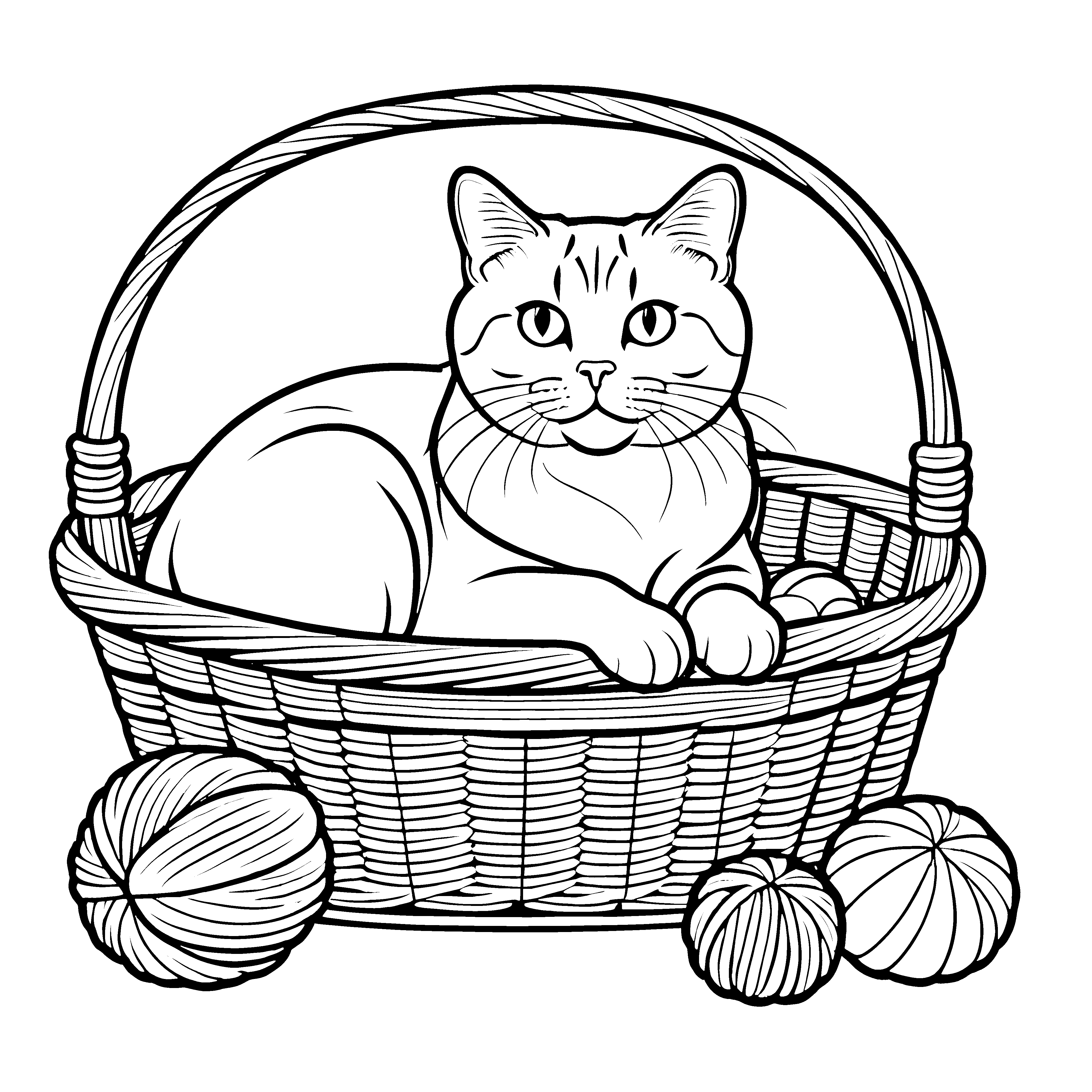Schwarz-weiße Britisch Kurzhaar Katze im Wollkorb Ausmalvorlage für neugierige Kunstschaffende