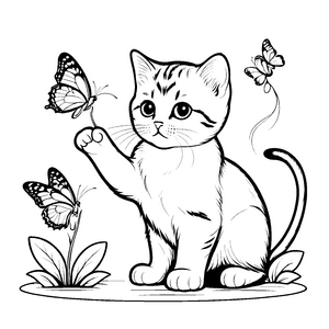 Bezaubernde Britisch Kurzhaar Katze mit Schmetterling Ausmalvorlage für kleine Entdecker mit großer Fantasie