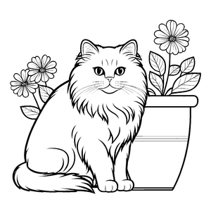 Schlummernde Perserkatze im bunten Blumentopf Malvorlage für kleine Naturentdecker mit großem Spaßfaktor