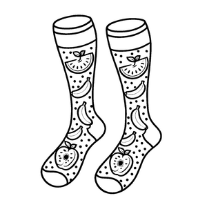 Fröhliche Socken mit bunten Obstmotiven Ausmalvorlage für kleine Modezauberer