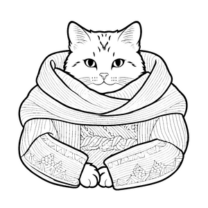 Kuschelige Schmusekatze mit einem Schal eingekuschelt Malvorlage für träumerische Jungen und Mädchen