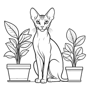 Elegante Sphynx Katze zwischen exotischen Pflanzen Ausmalbild für neugierige Gartenkünstler