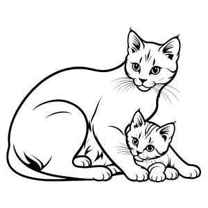 Zärtliche Katzenmama mit ihrem kleinen Kätzchen Ausmalbild für neugierige Tierfreunde