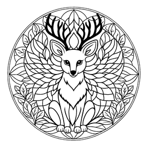 Elegantes Mandala mit stilisiertem Reh und floralen Akzenten Ausmalvorlage für kreative Entdecker und fantasievolle Kunstliebhaber