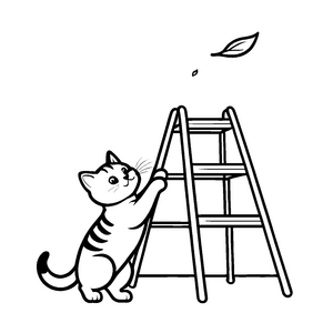 Mutige Katze erklimmt die Leiter nach dem Blatt Ausmalbild für kleine Abenteurer mit großen Träumen