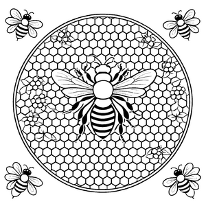 Schillerndes Mandala mit summenden Bienen und funkelnden Sternen Ausmalvorlage für kleine Künstlerinnen und große Träumer