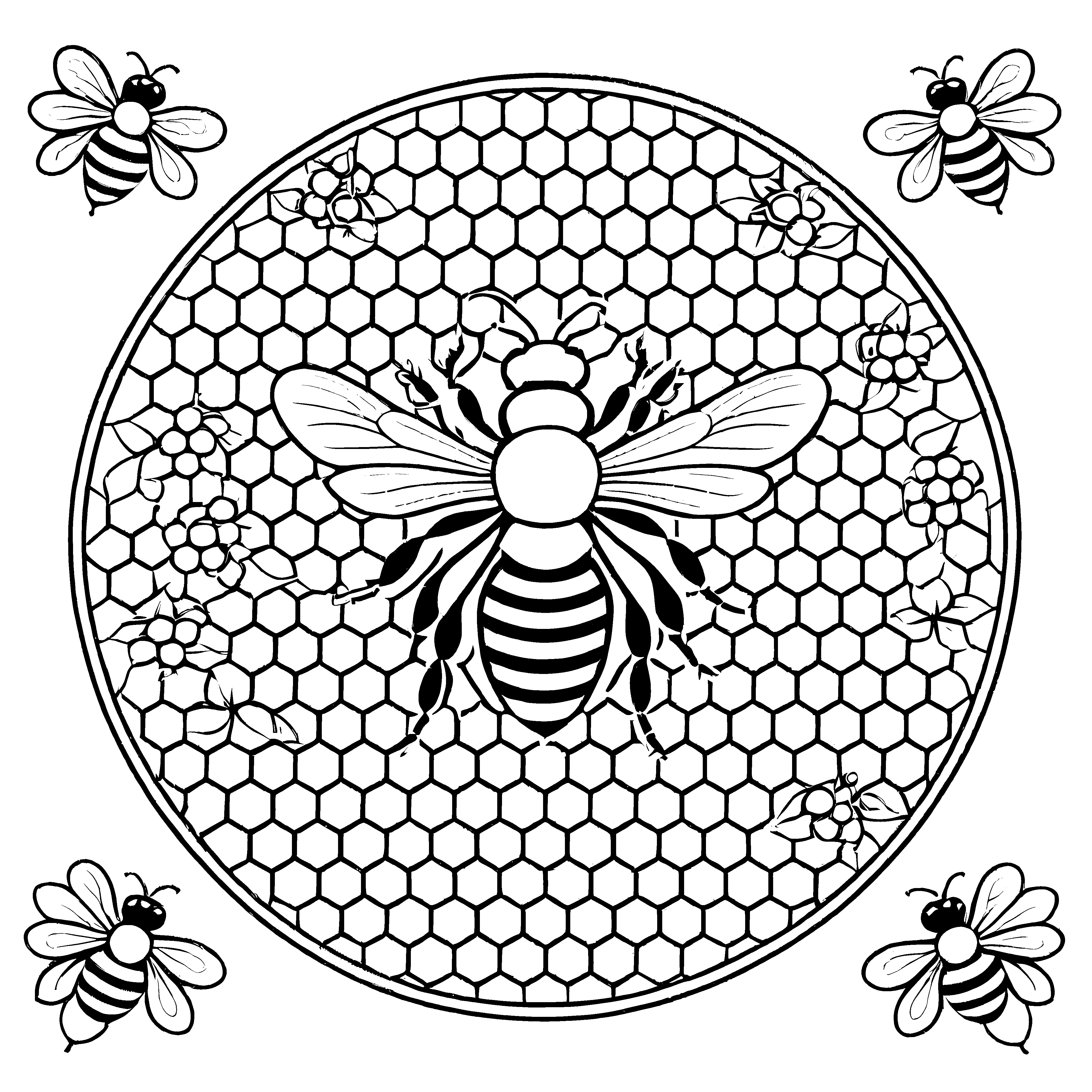 Schillerndes Mandala mit summenden Bienen und funkelnden Sternen Ausmalvorlage für kleine Künstlerinnen und große Träumer