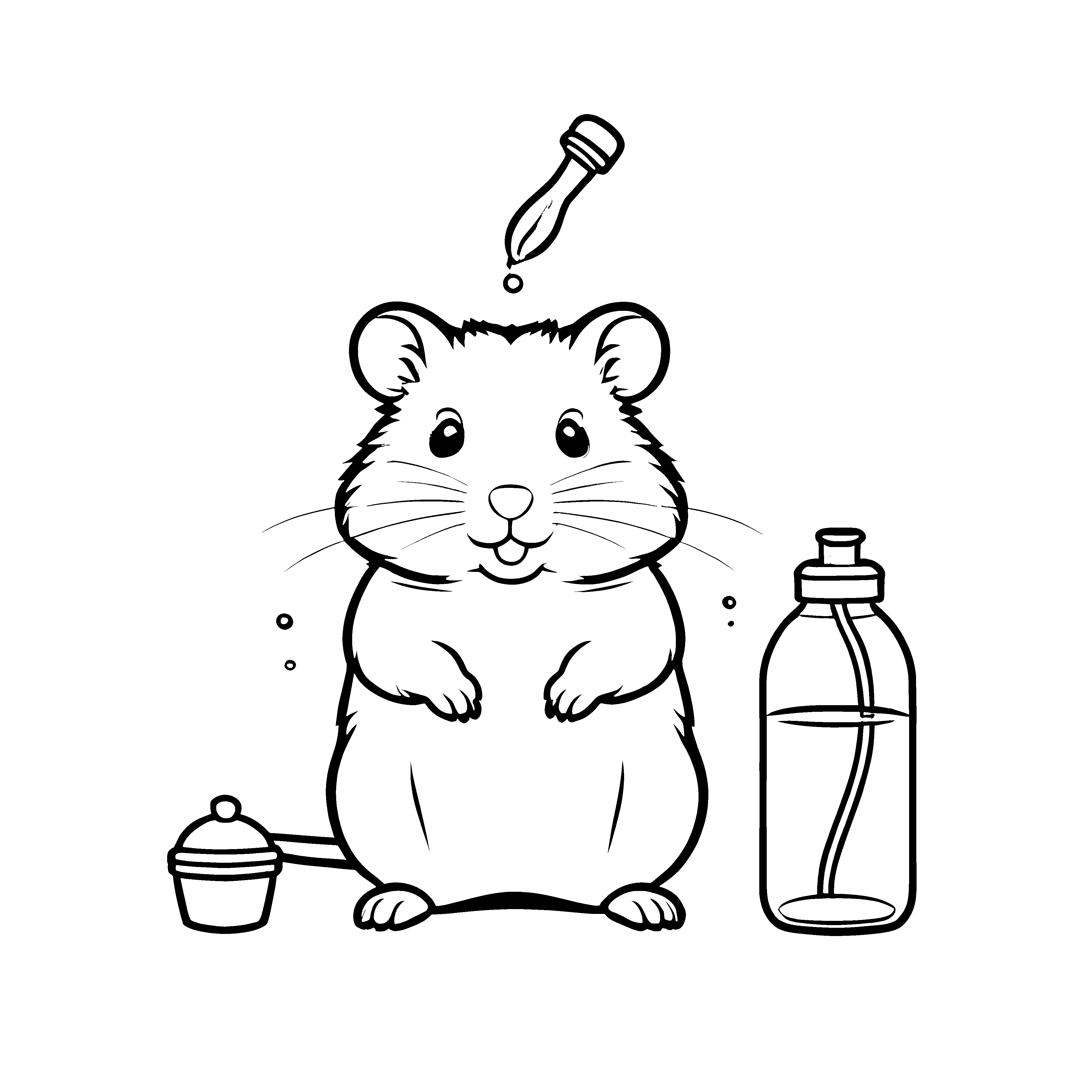 Süßer Hamster mit buntem Ball und Wasserflasche Malvorlage für fröhliche Tierfans