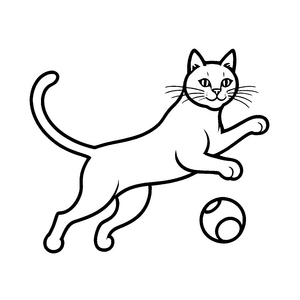 Verspielte Katze jagt weißen Ball voller Energie Ausmalbild für kleine Bewegungsfreunde