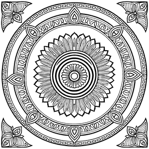 Faszinierendes Mandala mit floralem Zentrum Ausmalvorlage für kreative Visionäre und kleine Kunstentdecker