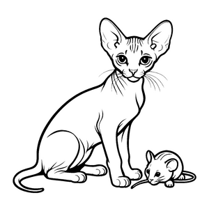 Verspielte Sphynx Katze mit kleiner Maus Ausmalbild für waghalsige Kunstabenteurer