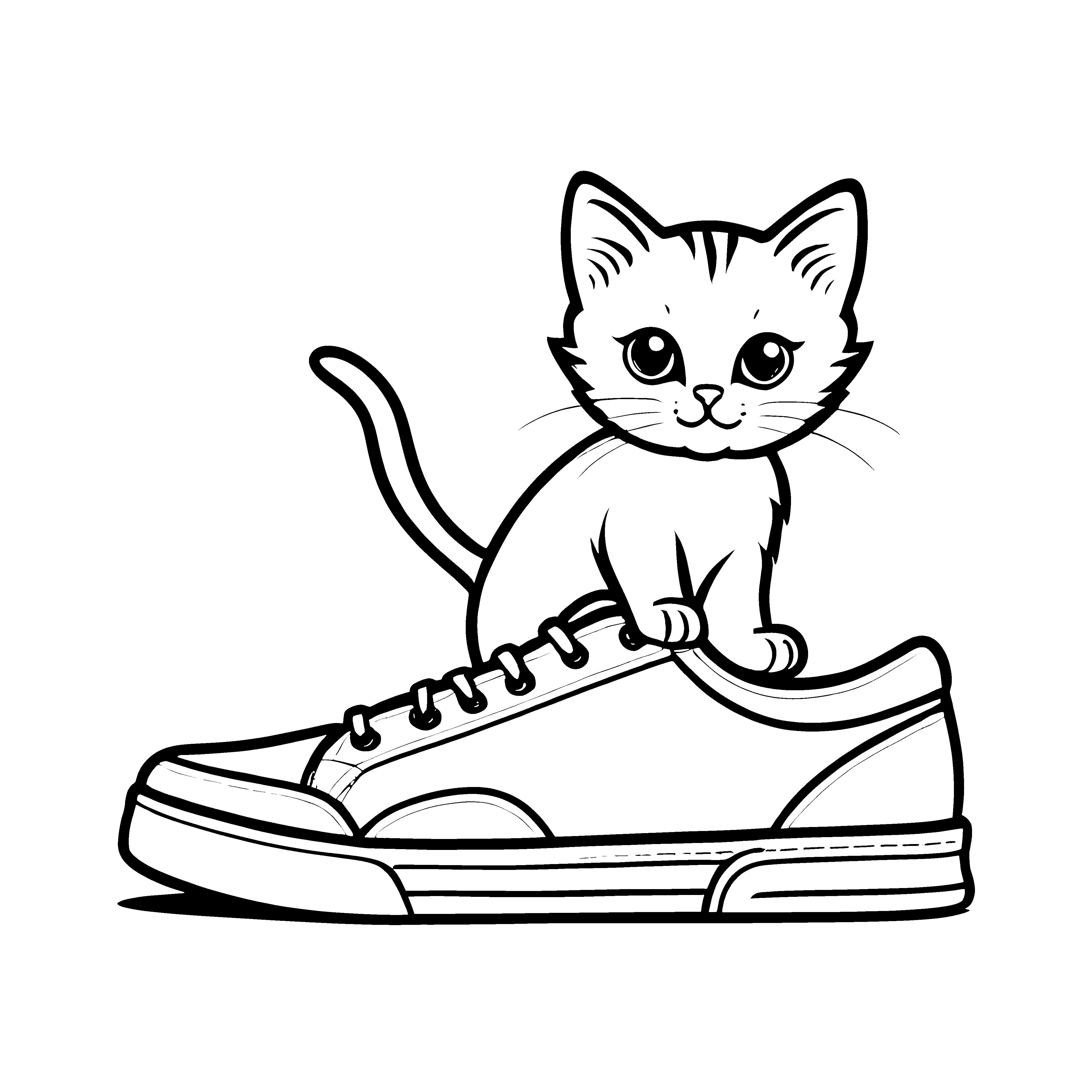 Verspielte Katze mit großen Ohren neben Turnschuh Ausmalbild für kleine Entdecker