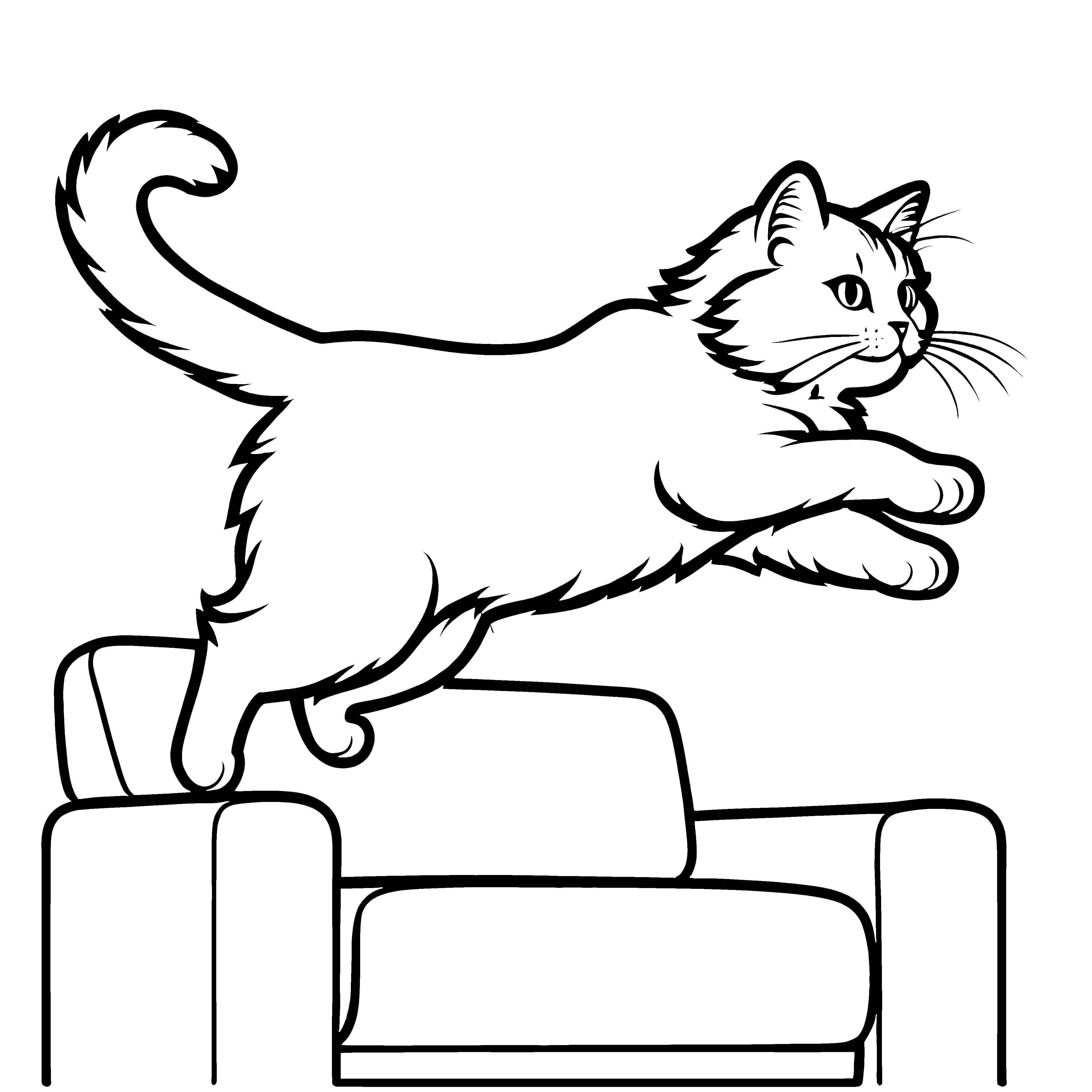 Springende Katze über die weiße Couch Malvorlage für kleine Abenteurer