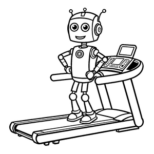 Fröhlicher Roboter auf dem Laufband mit Tablet Ausmalbild für innovative Bewegungskünstler
