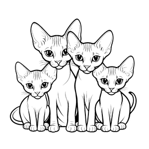 Vier verspielte Sphynx Katzen in einer Reihe Ausmalbild für kleine Katzenfreunde