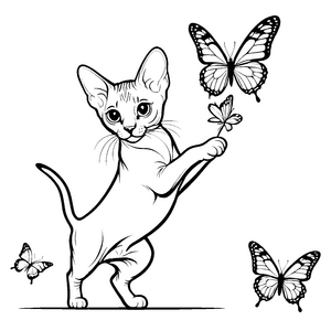 Charmante Sphynx Katze mit schmetterlichem Freund Ausmalvorlage für kleine Kreativgenies