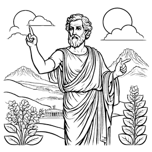 Weiser Philosoph mit erhobenem Finger unter Wolken Malvorlage für entdeckerische Köpfe auf Wissensabenteuer