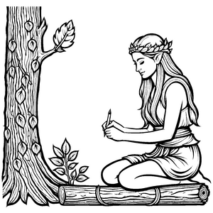 Mystische Keltin beim Schreiben unter dem Baum Malvorlage für fantasievolle Geschichtenerzähler