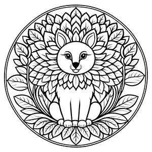 Kreatives Mandala mit sitzendem Kätzchen und Blättern Ausmalvorlage für kleine Naturforscher und fantasievolle Künstler