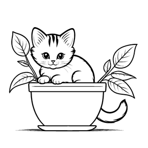 Freche Katze in buntem Blumentopf Ausmalvorlage für kleine Gartenfreunde mit großen Ideen
