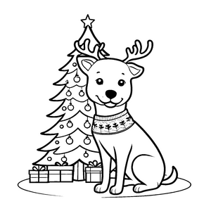 Bezaubernder Hund im festlichen Weihnachtspullover neben dem Baum Ausmalmotiv für fröhliche Feierfreunde