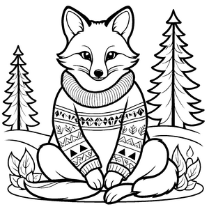 Meditativer Fuchs im winterlichen Pullover auf dem Baumstumpf Ausmalvorlage für entspannte Kreativkünstler